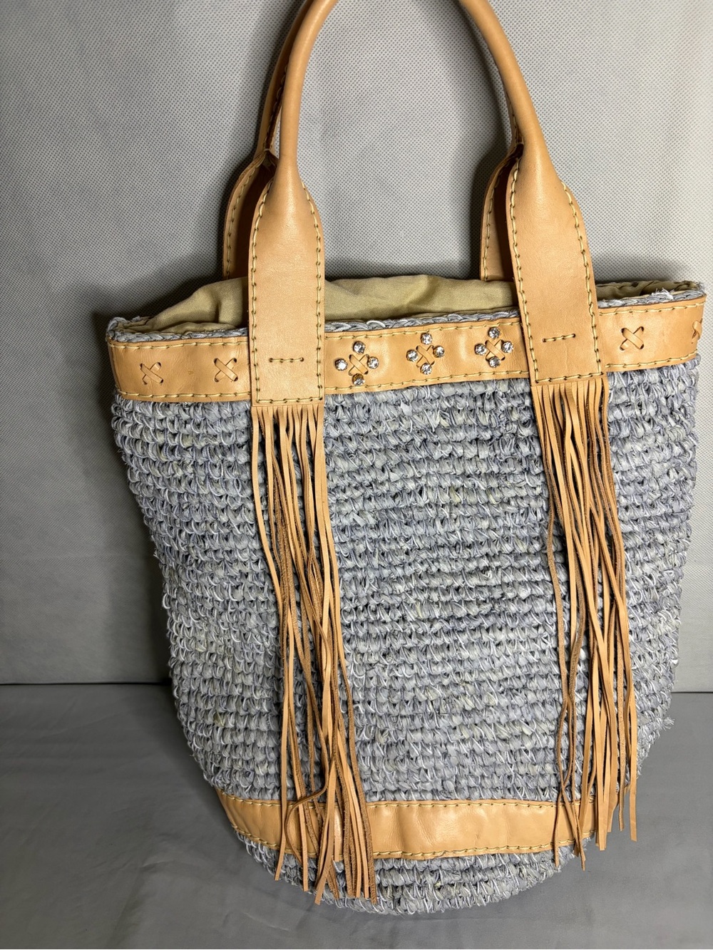 Tommy Bahama Gray Woven Tote with Tan Fringe Trim and Rhinestones